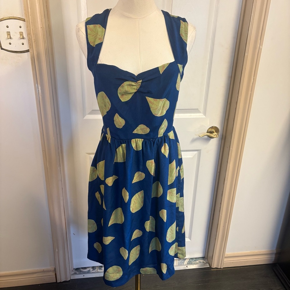 Anthropologie Maple 100% Silk Leaf Print Blue Dress